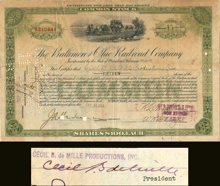 Baltimore and Ohio Railroad Co. signed by Cecil B. Demille